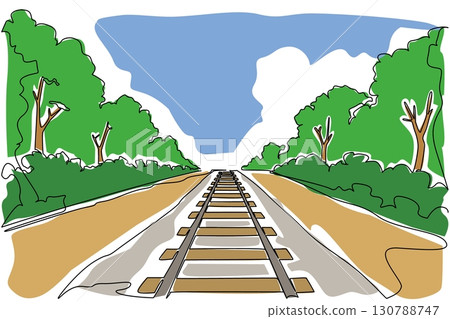 Single continuous line drawing train tracks with added trees along the tracks. Point of view of the machinist. Enjoying the green leaves. View. National Train Day. One line design vector illustration 130788747