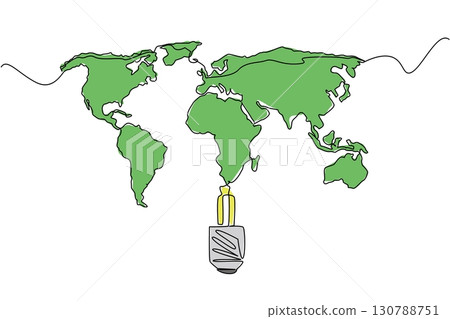 Single one line drawing the bottom of the bulb with the world map on top. Simple technology that can light up the world. Bright. National Technology Day. Continuous line design graphic illustration 130788751