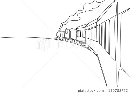 Single one line drawing the train is seen from behind and is visible to the front. The trip captain supervises the carriage. The smoke. National Train Day. Continuous line design graphic illustration 130788752
