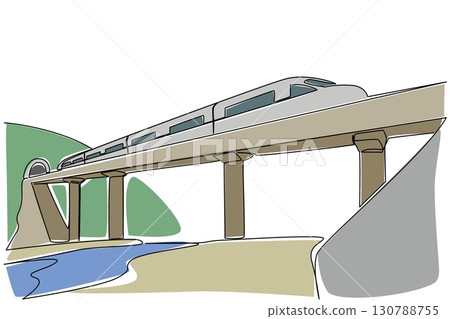 Continuous one line drawing a train with tracks crossing a river and at the back there is a hill with a tunnel. Very fast modern train. National Train Day. Single line draw design vector illustration Continuous one line drawing a train with tracks crossing a river and at the back there is a hill with a tunnel. Very fast modern train. National Train Day. Single line draw design vector illustration 130788755