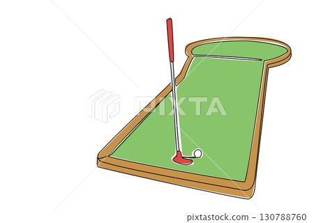 Single one line drawing mini golf stick and golf ball on the mini golf field. A set of necessities for exercising. Outdoor sports. National Mini Golf Day. Continuous line design graphic illustration 130788760