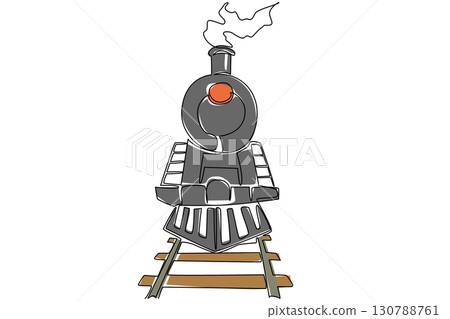 Continuous one line drawing locomotive front view with tracks. Classic train that emits smoke from its funnel. Empowerment. Railway. National Train Day. Single line draw design vector illustration 130788761