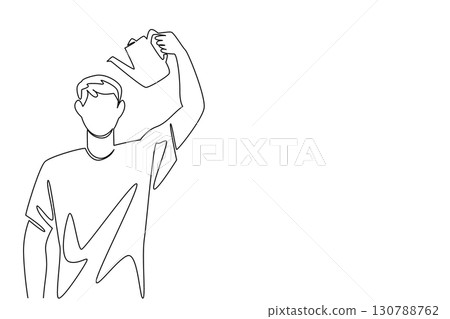 Single one line drawing man watering his head of flowering plants with a watering can. Always keep thinking positive. International Day of Plant Health. Continuous line design graphic illustration 130788762