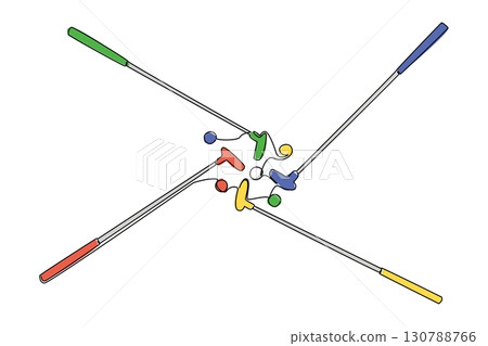 Single continuous line drawing some mini golf sticks arranged and some colorful golf balls. Actively exercising. Playing with a group. National Mini Golf Day. One line design vector illustration 130788766