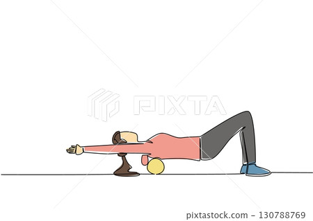 Single one line drawing a woman exercising using a foam roller. Stretches to relieve back pain. Still exercising alone. Health. National Foam Rolling Day. Continuous line design graphic illustration 130788769