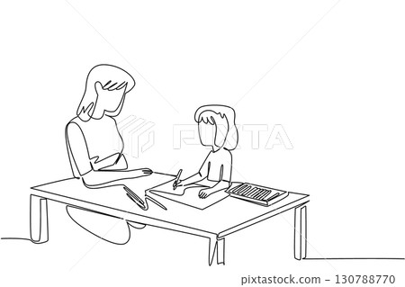 Single continuous line drawing a female babysitter sitting with a girl drawing together at a table. The nanny and education. The governess. National Babysitter Day. One line design vector illustration 130788770