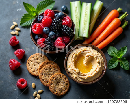 Appetizing Still Life of Colorful Fruits, Vegetables, and Hummus Dip Appetizing Still Life of Colorful Fruits, Vegetables, and Hummus Dip 130788806