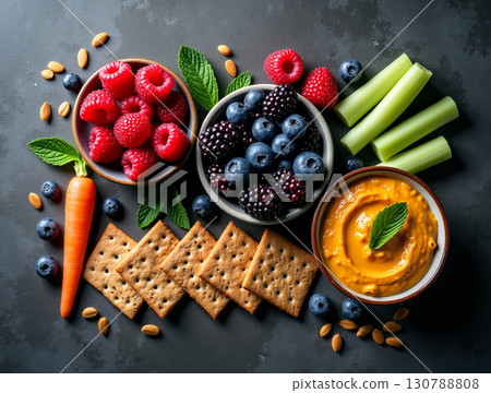 Delicious and Colorful Fruit and Vegetable Platter with Crackers and Dip 130788808