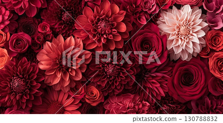 Beautiful Red and Pink Floral Arrangement with Roses and Dahlias for Decorative Use 130788832