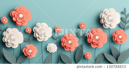 Colorful Paper Flowers in Various Shapes and Sizes on Soft Blue Background 130788833
