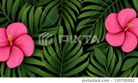 Vibrant Pink Hibiscus Flowers with Lush Green Leaves on Dark Background for Tropical Aesthetic 130788882