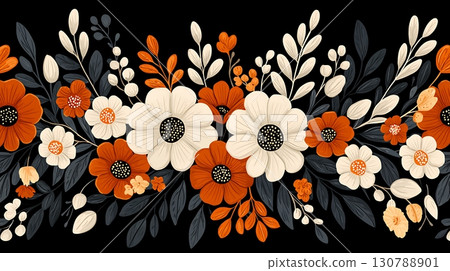 Elegant Floral Arrangement with White and Orange Flowers on Black Background 130788901