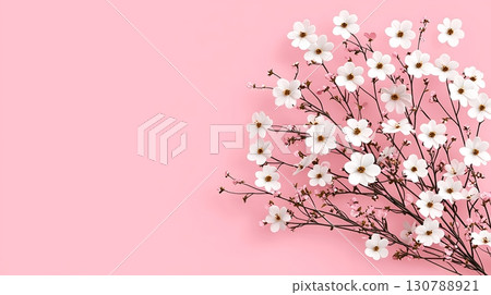 Fresh White Flowers on a Soft Pink Background for Spring and Floral Designs Fresh White Flowers on a Soft Pink Background for Spring and Floral Designs 130788921