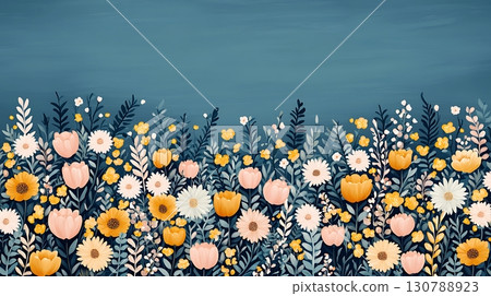Colorful Floral Pattern With Tulips, Daisies, and Wildflowers on Dark Background 130788923
