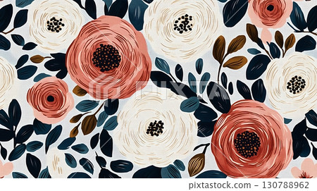 Vibrant Floral Pattern with Roses and Leaves in Soft Pastel Colors on Light Background 130788962