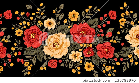 Vibrant Floral Pattern with Roses and Yellow Flowers on a Black Background for Design Projects Vibrant Floral Pattern with Roses and Yellow Flowers on a Black Background for Design Projects 130788970