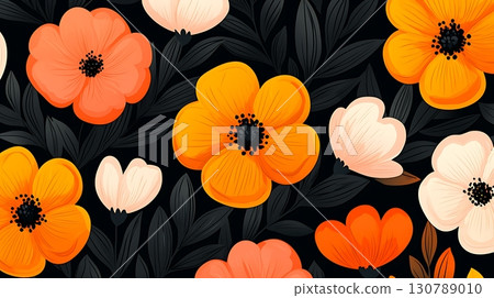 Vibrant Floral Pattern with Colorful Flowers and Dark Background in Modern Design Style Vibrant Floral Pattern with Colorful Flowers and Dark Background in Modern Design Style 130789010