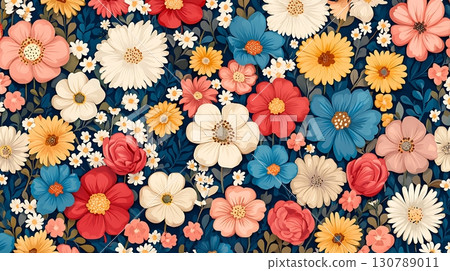 Colorful Floral Pattern with Various Flowers and Green Leaves on Dark Background 130789011