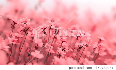Delicate Pink Flowers Blooming in a Soft Focus Field of Blossoms Under Gentle Light 130789074
