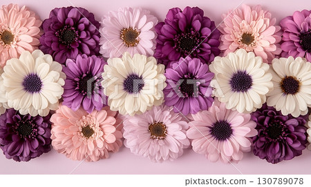 Beautiful Assortment of Pink and Purple Flowers on Soft Pink Background for Design Use 130789078