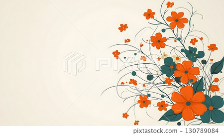 Vibrant Floral Design with Orange Blooms and Green Leaves on a Soft Cream Background 130789084