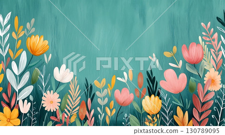 Colorful Floral Illustration with Vibrant Flowers Against a Textured Background 130789095