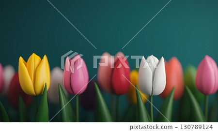 Colorful Tulips in Bloom with Green Background, Perfect for Spring Decorations and Events Colorful Tulips in Bloom with Green Background, Perfect for Spring Decorations and Events 130789124