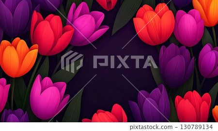 Colorful Tulip Floral Frame on Dark Background for Spring and Summer Themes 130789134