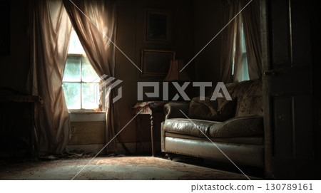 Old haunted house interior with dim light, dusty furniture, and eerie abandoned atmosphere 130789161