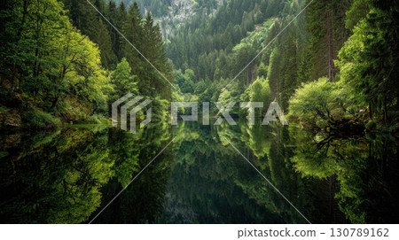 Hidden lake deep forest still water reflection lush green peaceful nature landscape 130789162