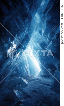 Ice cave interior blue ice formations light refracts creating cold mysterious atmosphere 130789163