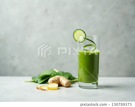 Fresh and Vibrant Green Smoothie with Cucumber and Ginger in Glass Fresh and Vibrant Green Smoothie with Cucumber and Ginger in Glass 130789373