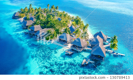 View of Bora Bora island, French Polynesia, showcasing the iconic mount Otemanu, turquoise lagoon, lush green vegetation, and idyllic overwater bungalows resort 130789413