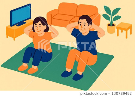 一對中年夫婦在客廳裡做腹部運動的鳥瞰圖插圖 130789492