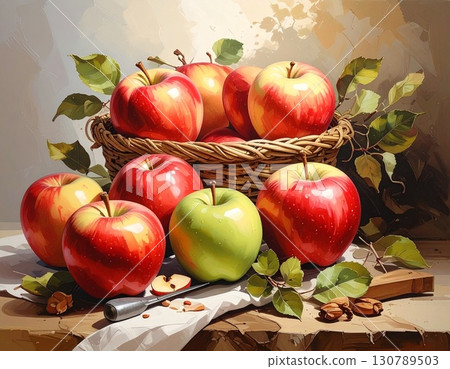 籃子裡的紅色和綠色蘋果靜物背景材料 130789503