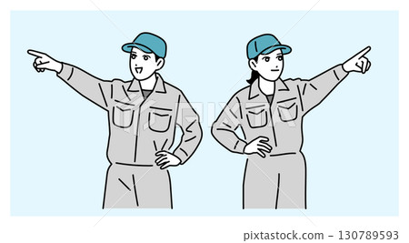 指向遠方的男性和女性工人的插圖 130789593