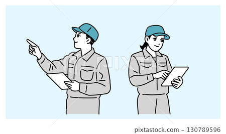 手持平板電腦的男性和女性工作人員的插圖 手持平板電腦的男性和女性工作人員的插圖 130789596