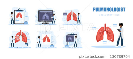 Pulmonologist concept. Set of african Female doctors. Respiratory system disease. Vector illustration in flat cartoon style Pulmonologist concept. Set of african Female doctors. Respiratory system disease. Vector illustration in flat cartoon style 130789704