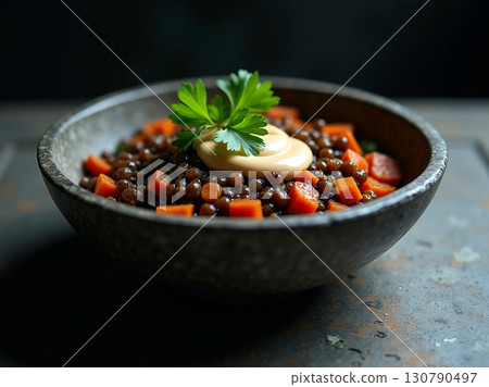 Elegant Rustic Lentil Bowl with Carrot and Creamy Sauce Still Life 130790497