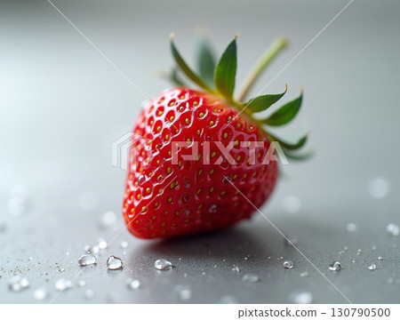 Close Up Fresh Single Strawberry with Water Droplets Food Still Life Close Up Fresh Single Strawberry with Water Droplets Food Still Life 130790500