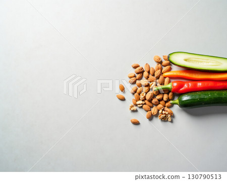 Minimalist Flat Lay of Fresh Raw Food: Vegetables and Almonds 130790513