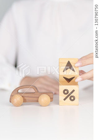 Percentage block change to UP and Down arrow with car model. Car loan and debt, Interest rate, Insurance, Financial, vehicle Repair, Automobile Tax, mortgage and economic recession 130790750