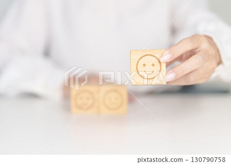 Woman show Emotion face block, Mental health Assessment, Psychology, Health Wellness, Feedback, Customer Review, Experience, Satisfaction Survey, Opinion, Evaluation and World Mental Health day 130790758