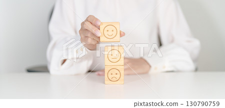 Woman show Emotion face block, Mental health Assessment, Psychology, Health Wellness, Feedback, Customer Review, Experience, Satisfaction Survey, Opinion, Evaluation and World Mental Health day 130790759