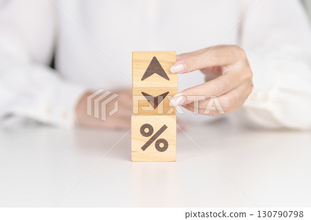 Percentage block change to UP and Down arrow. Interest rate, GDP, stocks market, financial, deflation and Inflation, ranking, mortgage, debt, Loan and Economic Recession concept 130790798
