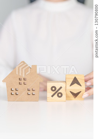 Percentage block change to UP and Down arrow with Home model. Real estate Mortgage, Refinance, House loan and debt, Interest rate, Insurance, Financial Property and economic recession Percentage block change to UP and Down arrow with Home model. Real estate Mortgage, Refinance, House loan and debt, Interest rate, Insurance, Financial Property and economic recession 130790800
