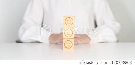 Woman show Emotion face block, Mental health Assessment, Psychology, Health Wellness, Feedback, Customer Review, Experience, Satisfaction Survey, Opinion, Evaluation and World Mental Health day 130790808