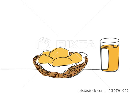 Single continuous line drawing buttermilk biscuits in a rattan wicker place and a glass of orange juice. High nutrient breakfast. National Buttermilk Biscuit Day. One line design vector illustration Single continuous line drawing buttermilk biscuits in a rattan wicker place and a glass of orange juice. High nutrient breakfast. National Buttermilk Biscuit Day. One line design vector illustration 130791022