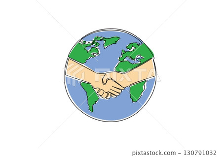 Single one line drawing globe and in the middle there are 2 hands shaking hands. The buying and selling business is conducted online. World Fair Trade Day. Continuous line design graphic illustration Single one line drawing globe and in the middle there are 2 hands shaking hands. The buying and selling business is conducted online. World Fair Trade Day. Continuous line design graphic illustration 130791032