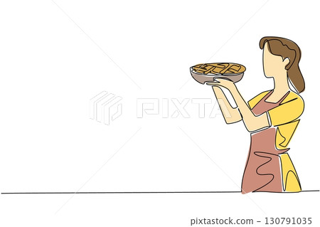 Single continuous line drawing a woman wearing an apron holds an apple pie on a round tray. The finished dough is immediately baked. Tasty. National Apple Pie Day. One line design vector illustration Single continuous line drawing a woman wearing an apron holds an apple pie on a round tray. The finished dough is immediately baked. Tasty. National Apple Pie Day. One line design vector illustration 130791035